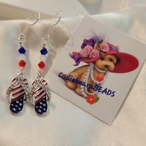 Adorable flip flop earrings on Sterling Silver earwires red,white  blue crystals